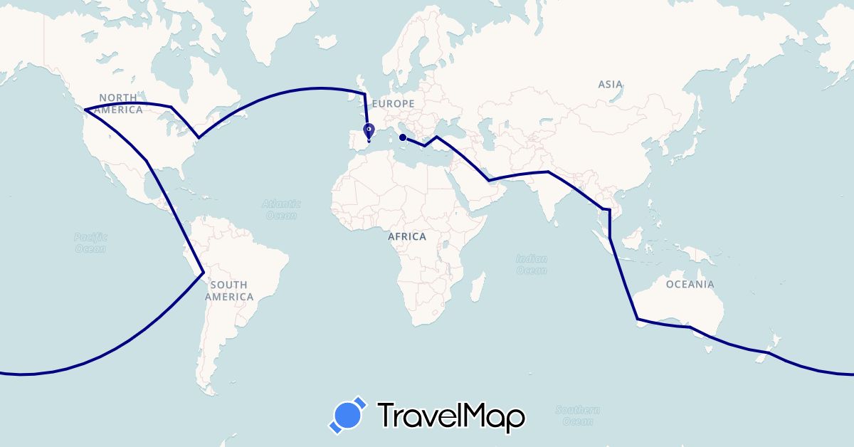 TravelMap itinerary: driving in Australia, Canada, Spain, United Kingdom, Greece, India, Italy, Cambodia, New Zealand, Peru, Qatar, Singapore, Thailand, Turkey, United States (Asia, Europe, North America, Oceania, South America)